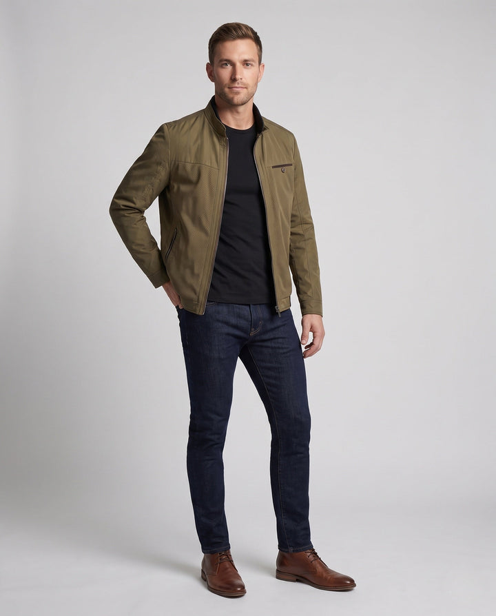 Men's breathable micro-perforated hybrid jacket with stand-up collar