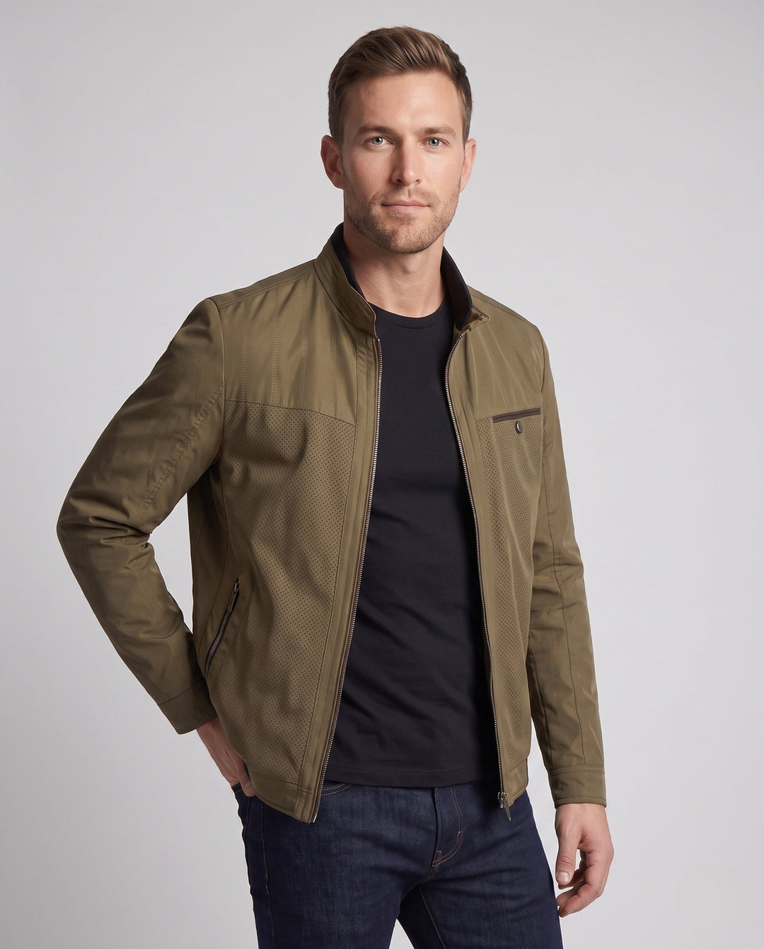 Men's breathable micro-perforated hybrid jacket with stand-up collar