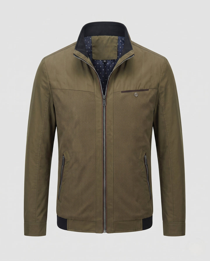 Men's breathable micro-perforated hybrid jacket with stand-up collar