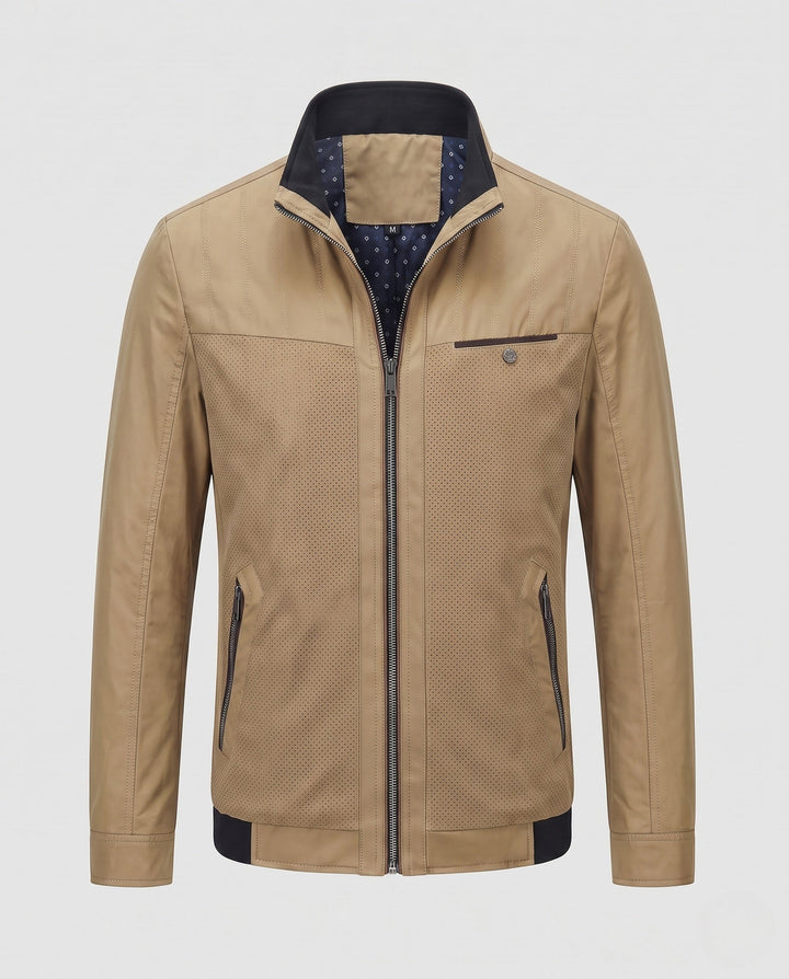 Men's breathable micro-perforated hybrid jacket with stand-up collar