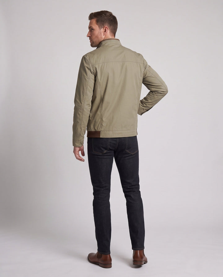 Men's city travel jacket with high-closing stand-up collar, concealed zipper and discreet chest pocket