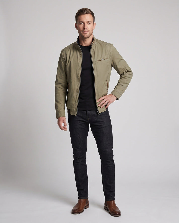 Men's city travel jacket with high-closing stand-up collar, concealed zipper and discreet chest pocket
