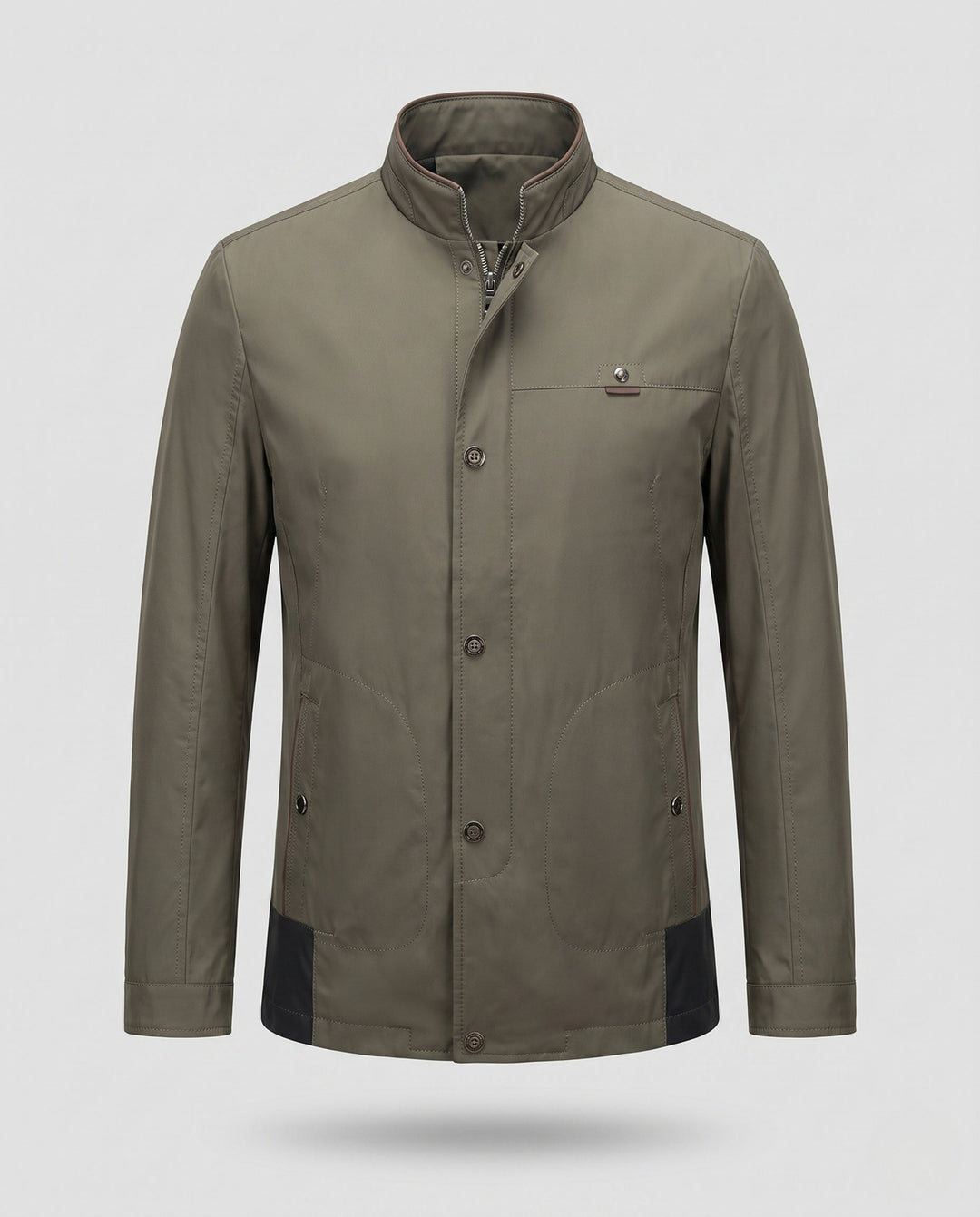 Men's city travel jacket with high-closing stand-up collar, concealed zipper and discreet chest pocket