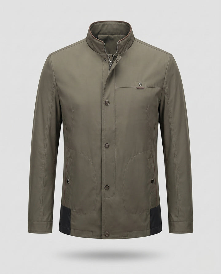 Men's city travel jacket with high-closing stand-up collar, concealed zipper and discreet chest pocket