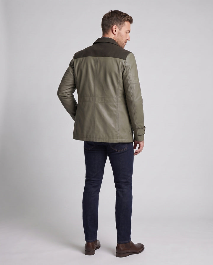 Men's field jacket with corduroy trim, zippered chest pocket, and checked lining