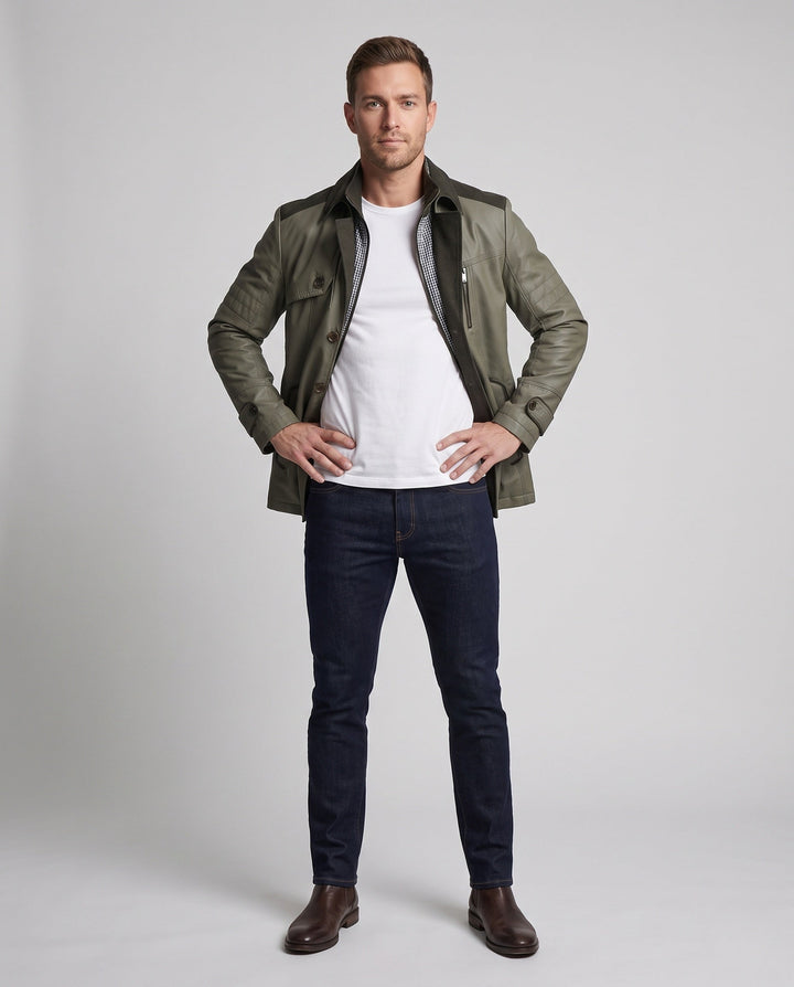 Men's field jacket with corduroy trim, zippered chest pocket, and checked lining
