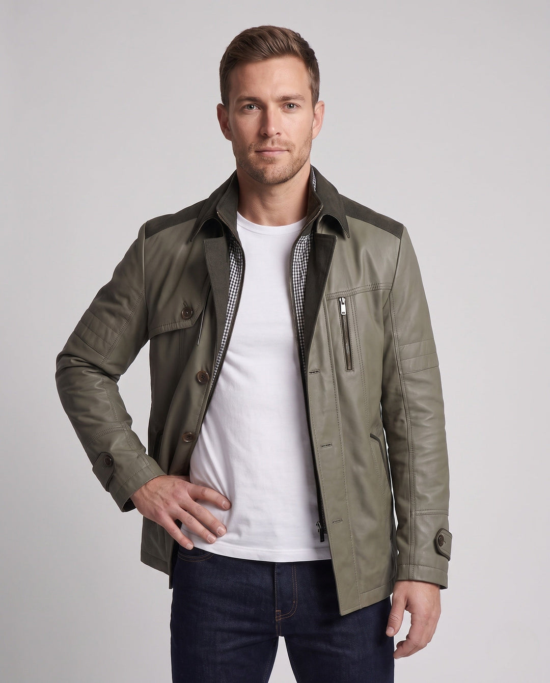 Men's field jacket with corduroy trim, zippered chest pocket, and checked lining