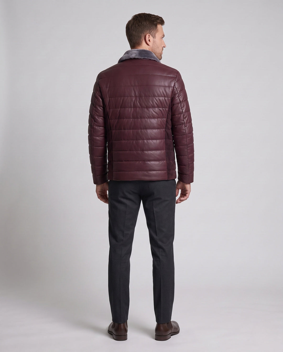 Men's Padded Quilted Jacket with Teddy Collar and Elegant Leather Look