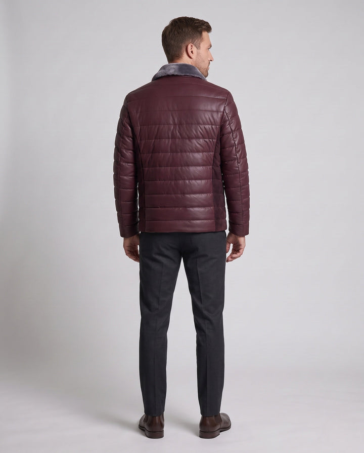 Men's Padded Quilted Jacket with Teddy Collar and Elegant Leather Look