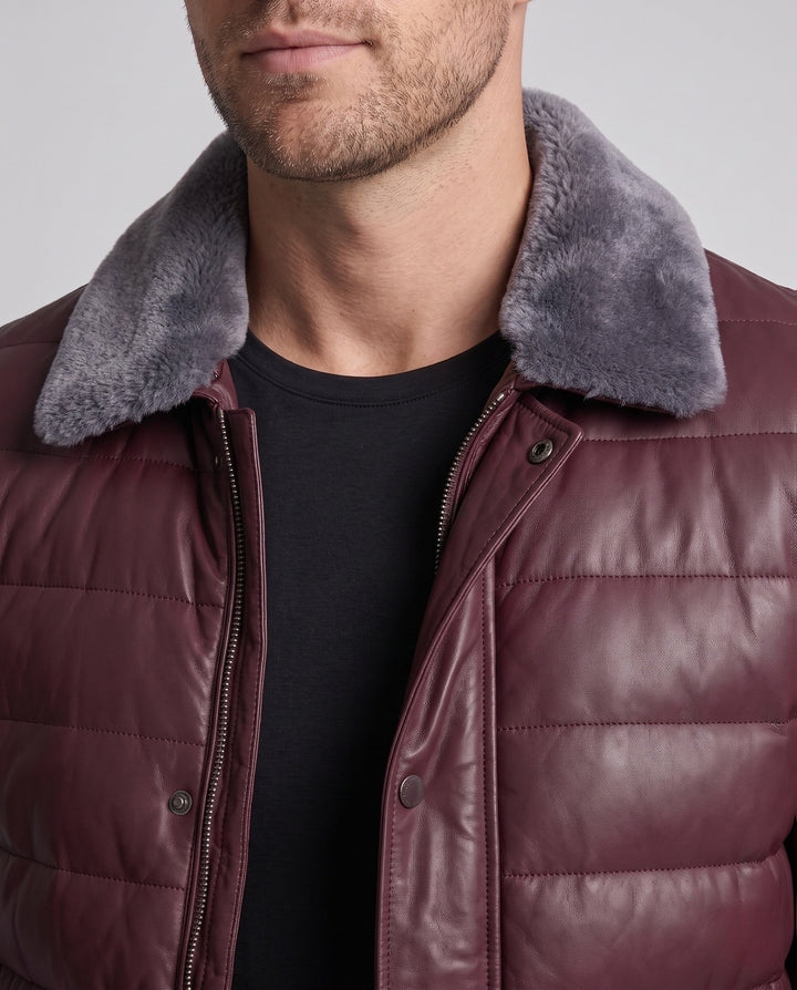 Men's Padded Quilted Jacket with Teddy Collar and Elegant Leather Look