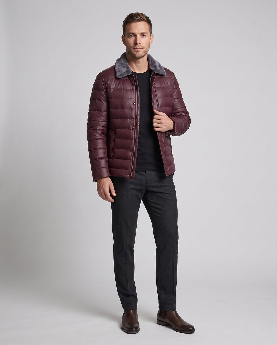 Men's Padded Quilted Jacket with Teddy Collar and Elegant Leather Look