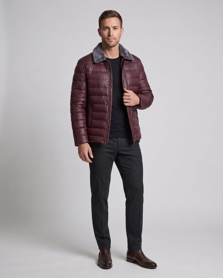Men's Padded Quilted Jacket with Teddy Collar and Elegant Leather Look