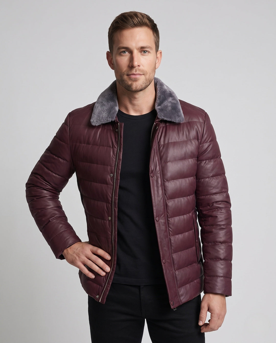 Men's Padded Quilted Jacket with Teddy Collar and Elegant Leather Look