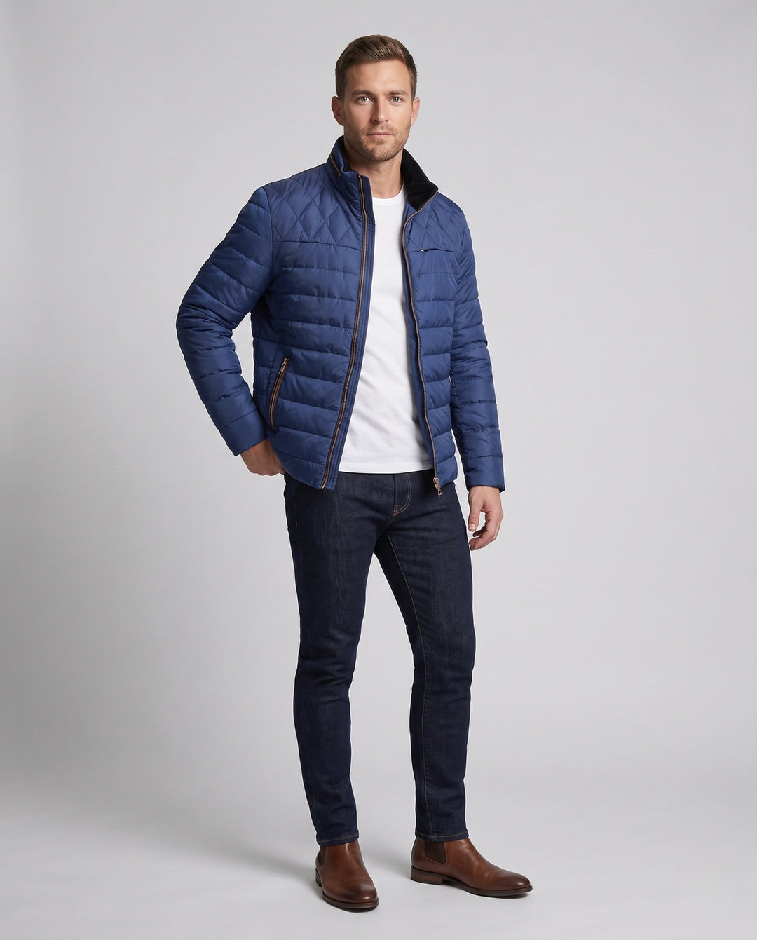 Men's quilted stand collar transitional jacket with light thermal insulation