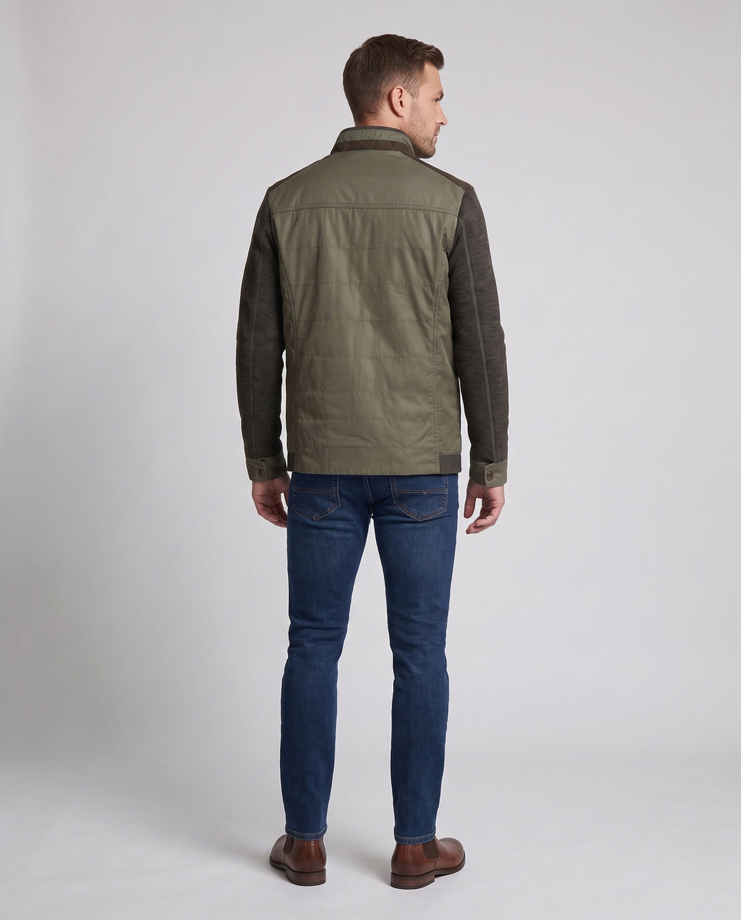 Men's hybrid jacket with quilted leather-look front and knitted sleeves