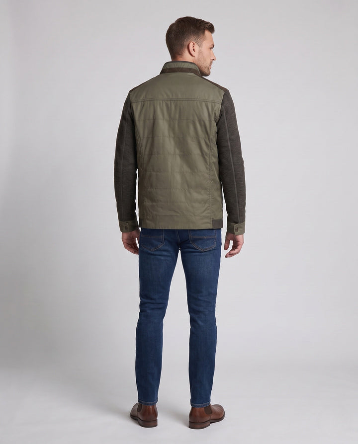 Men's hybrid jacket with quilted leather-look front and knitted sleeves