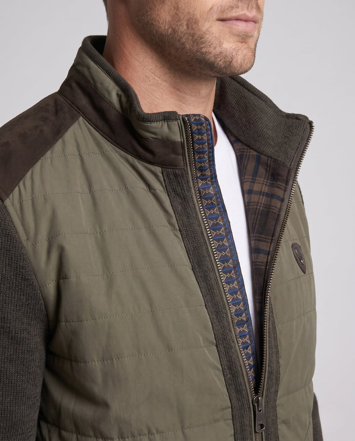 Men's hybrid jacket with quilted leather-look front and knitted sleeves
