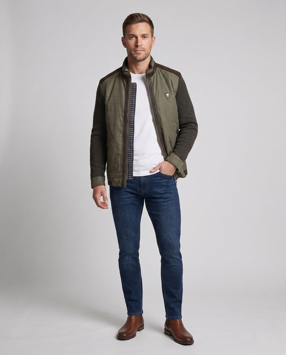 Men's hybrid jacket with quilted leather-look front and knitted sleeves