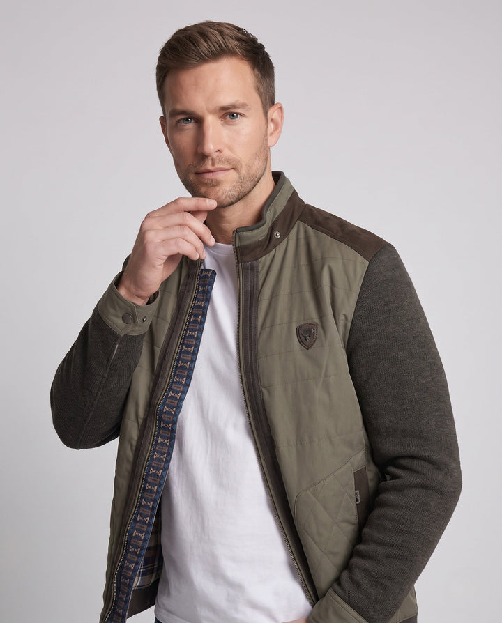 Men's hybrid jacket with quilted leather-look front and knitted sleeves