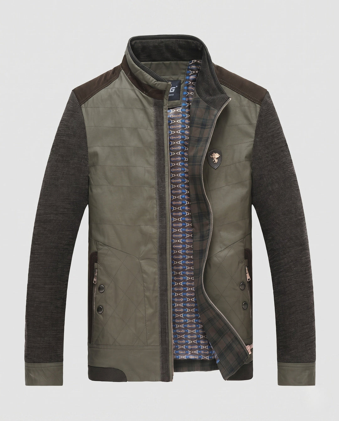 Men's hybrid jacket with quilted leather-look front and knitted sleeves
