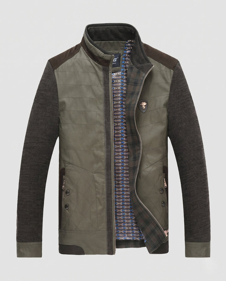 Men's hybrid jacket with quilted leather-look front and knitted sleeves