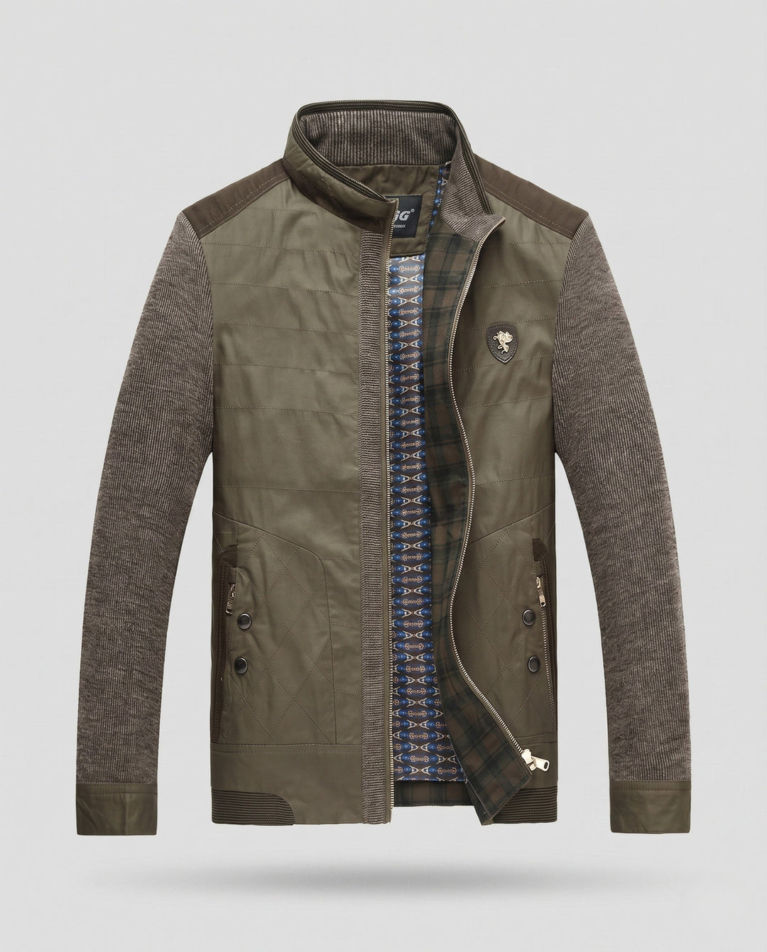 Men's hybrid jacket with quilted leather-look front and knitted sleeves