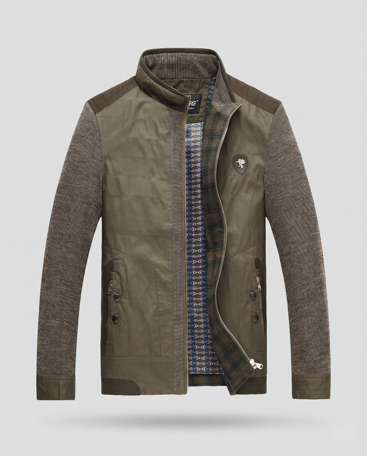 Men's hybrid jacket with quilted leather-look front and knitted sleeves