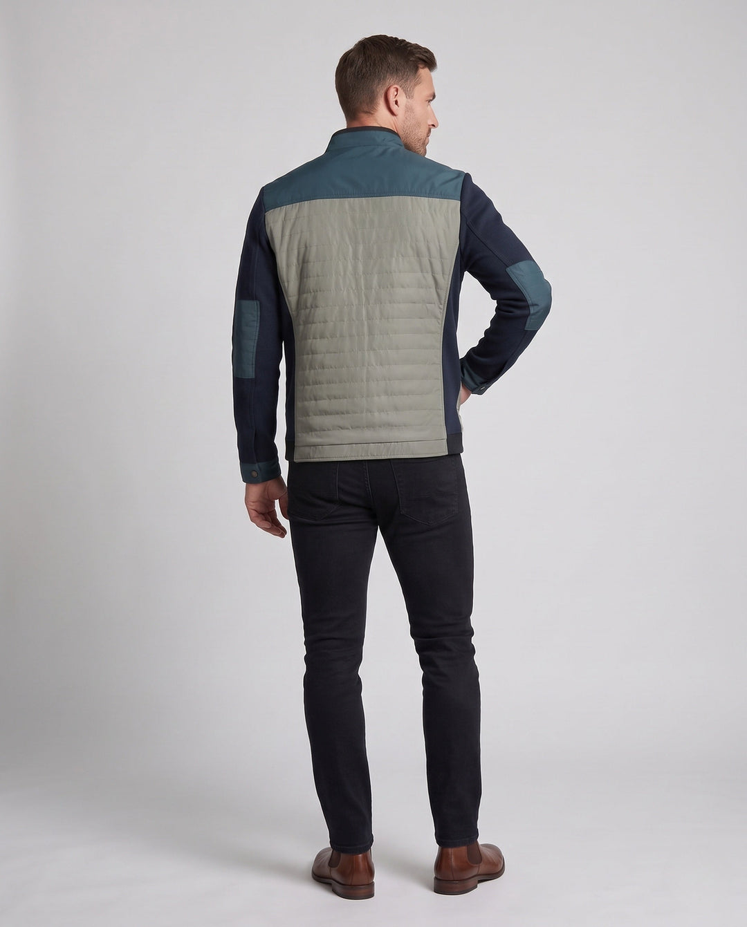 Men's hybrid quilted jacket with knitted sleeves and stand-up collar