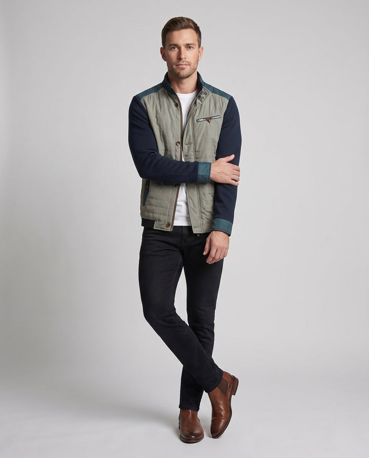 Men's hybrid quilted jacket with knitted sleeves and stand-up collar