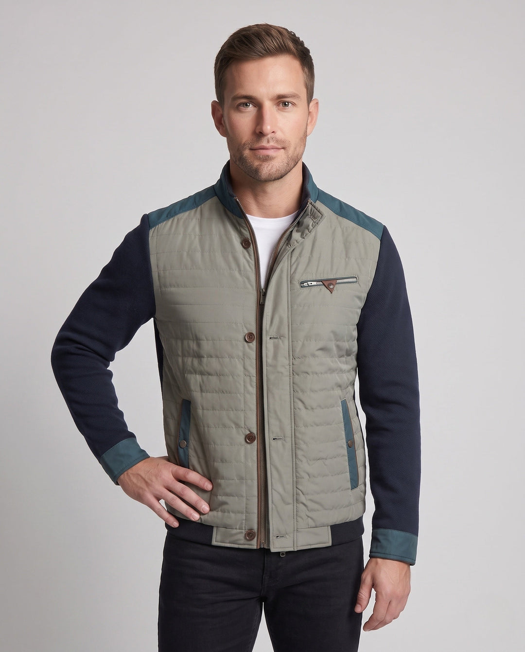 Men's hybrid quilted jacket with knitted sleeves and stand-up collar