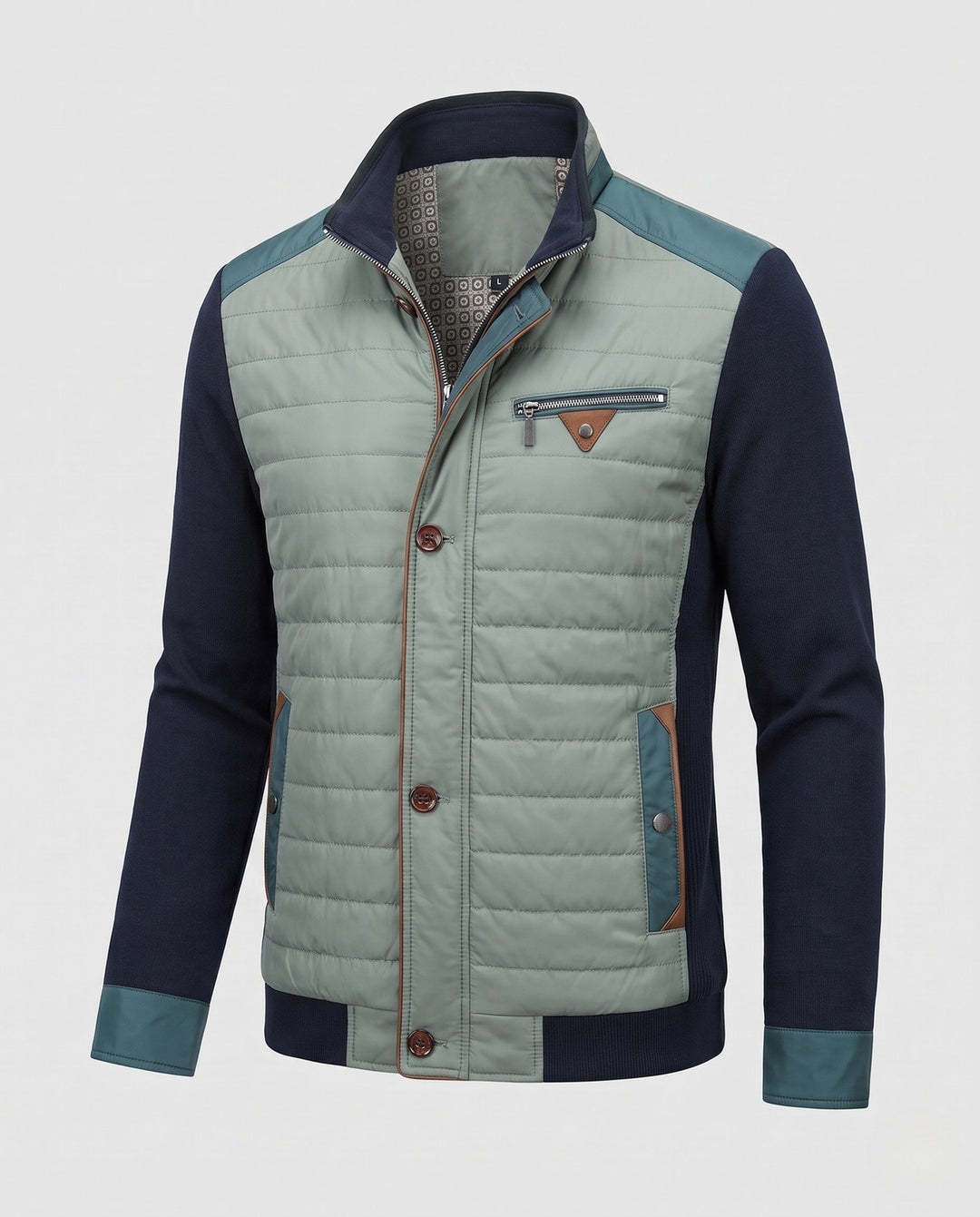 Men's hybrid quilted jacket with knitted sleeves and stand-up collar