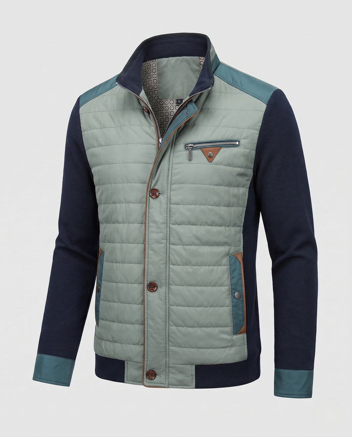 Men's hybrid quilted jacket with knitted sleeves and stand-up collar