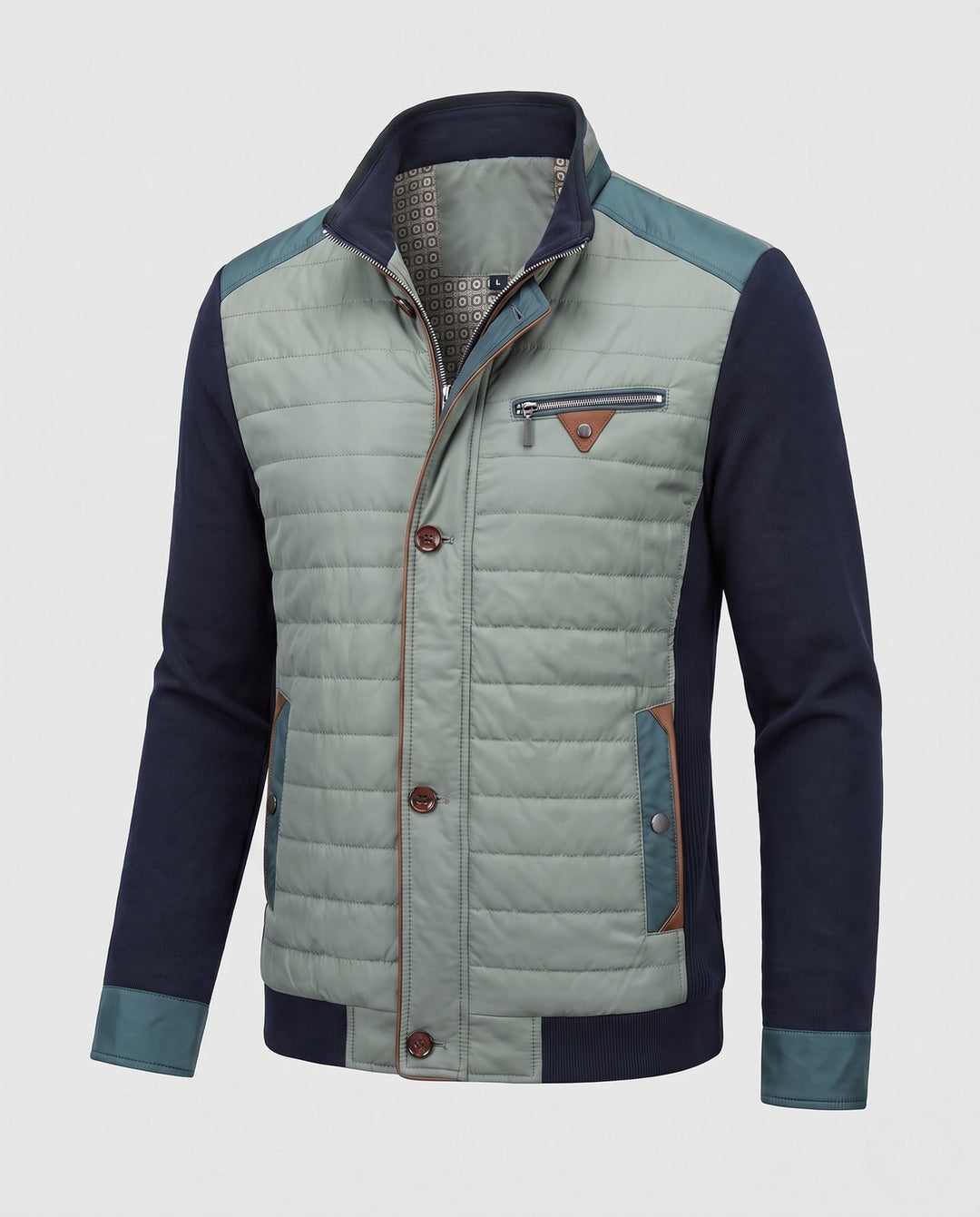 Men's hybrid quilted jacket with knitted sleeves and stand-up collar