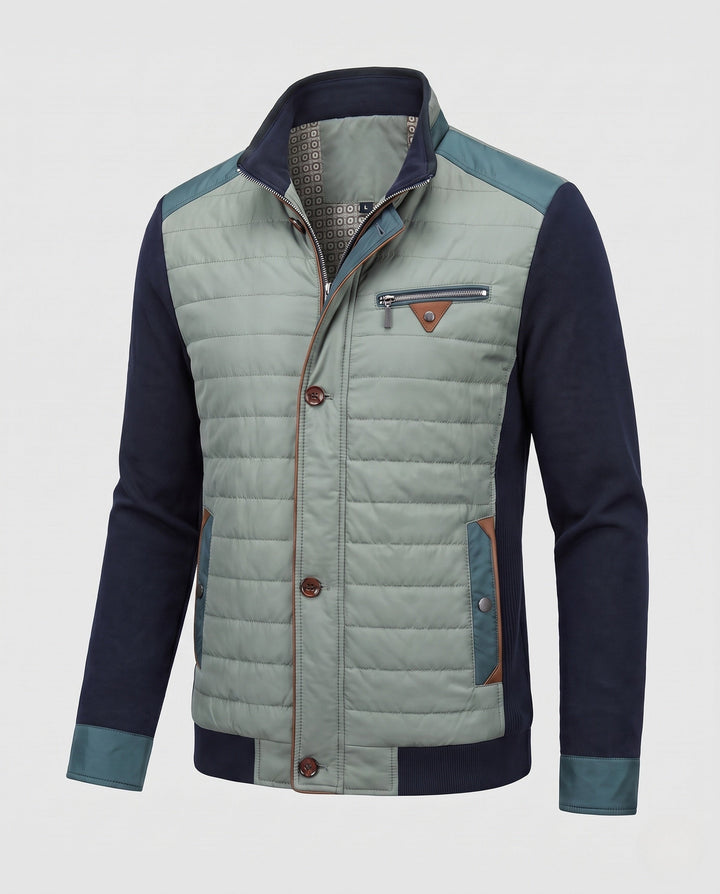 Men's hybrid quilted jacket with knitted sleeves and stand-up collar
