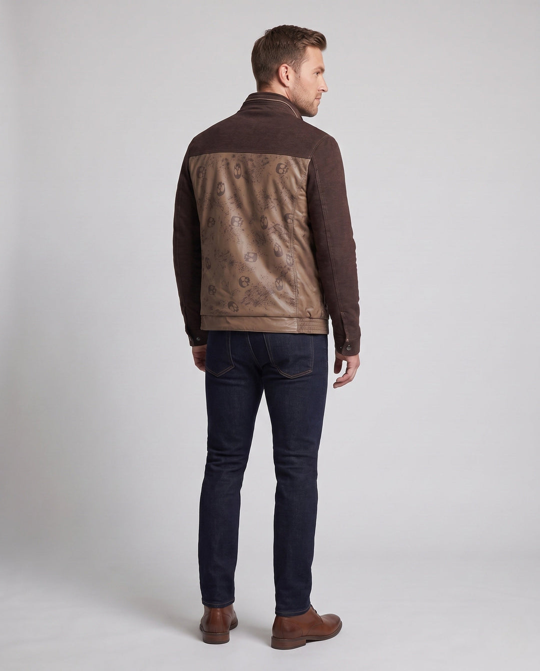 Men's hybrid transitional jacket with stand-up collar, faux leather front panels, and knitted sleeves