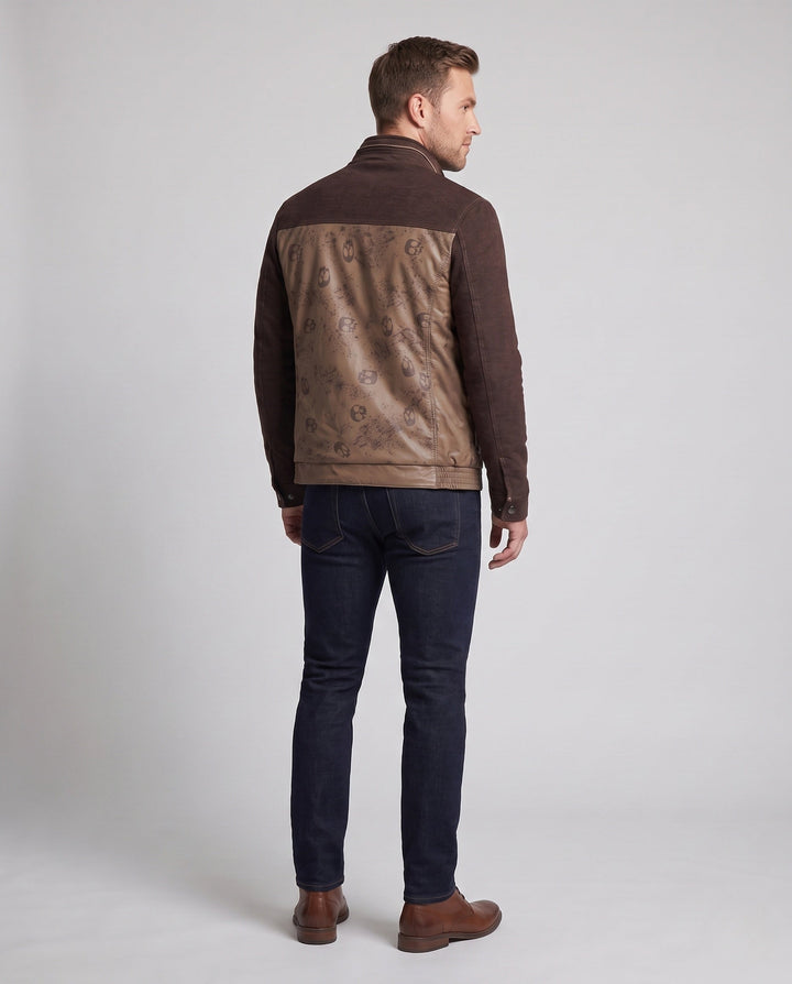 Men's hybrid transitional jacket with stand-up collar, faux leather front panels, and knitted sleeves