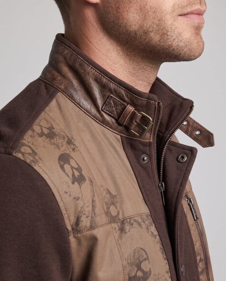 Men's hybrid transitional jacket with stand-up collar, faux leather front panels, and knitted sleeves