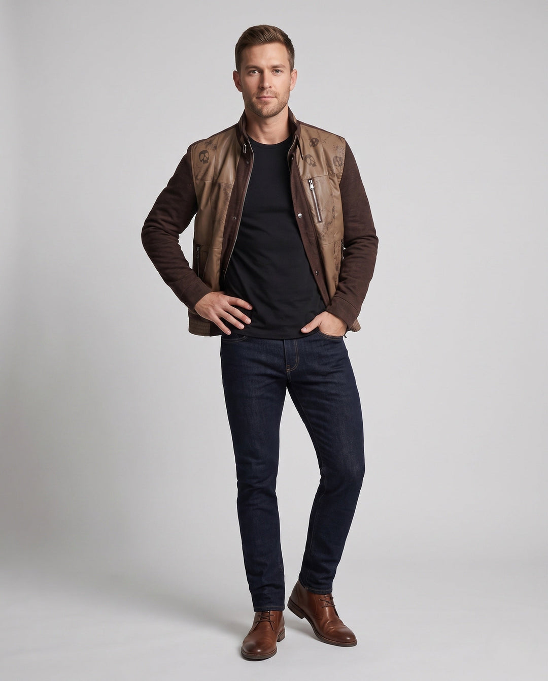 Men's hybrid transitional jacket with stand-up collar, faux leather front panels, and knitted sleeves