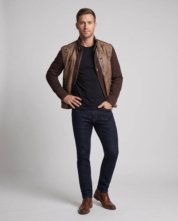 Men's hybrid transitional jacket with stand-up collar, faux leather front panels, and knitted sleeves