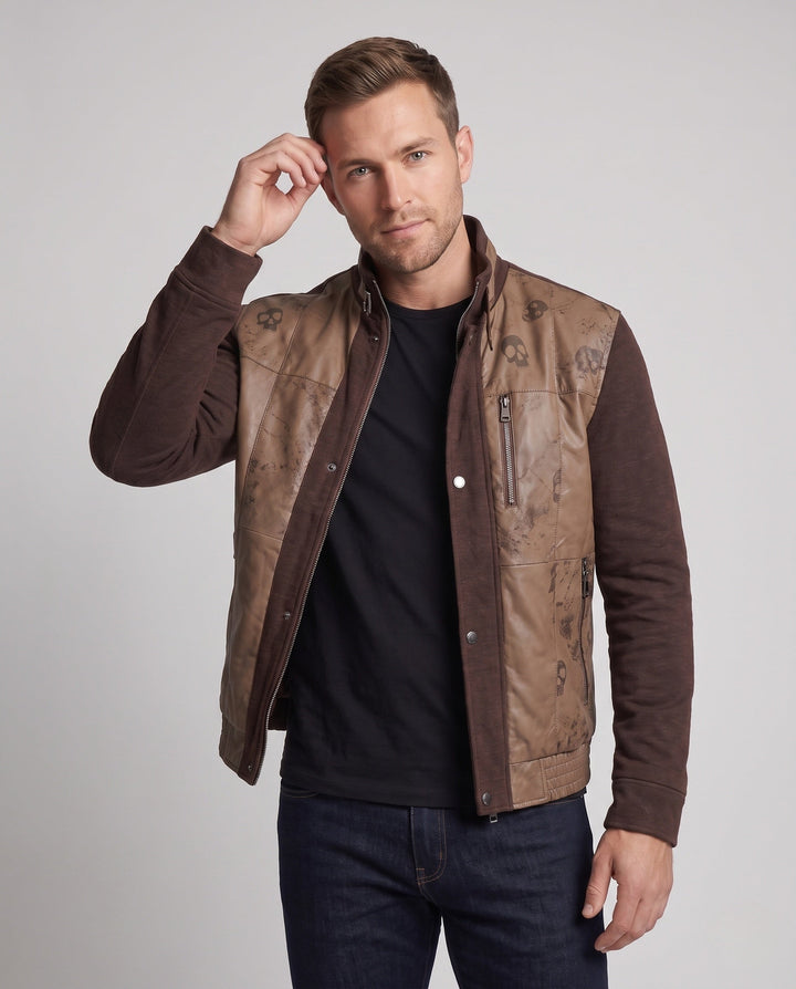 Men's hybrid transitional jacket with stand-up collar, faux leather front panels, and knitted sleeves