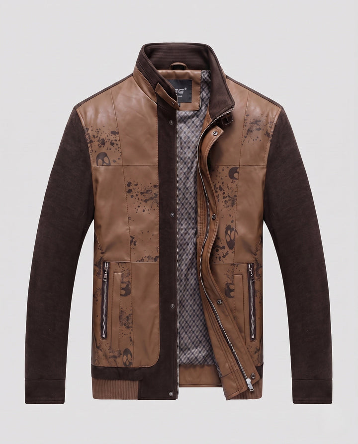 Men's hybrid transitional jacket with stand-up collar, faux leather front panels, and knitted sleeves