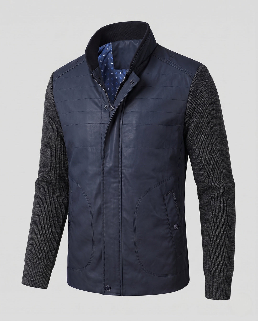 Men's hybrid jacket with faux leather front, quilted detail, and knit sleeves