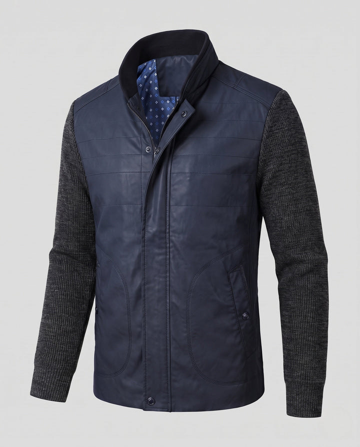 Men's hybrid jacket with faux leather front, quilted detail, and knit sleeves