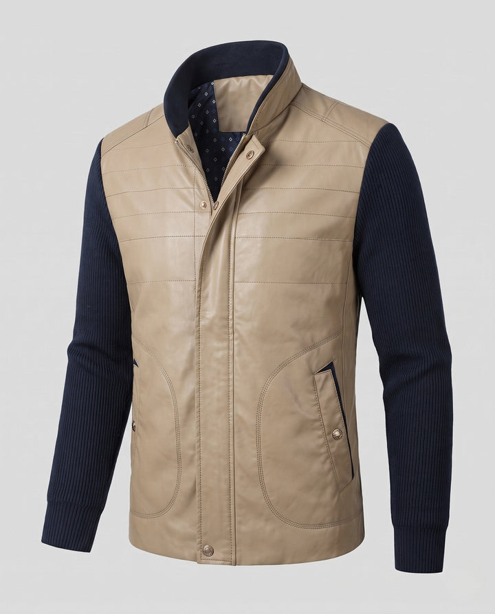 Men's hybrid jacket with faux leather front, quilted detail, and knit sleeves