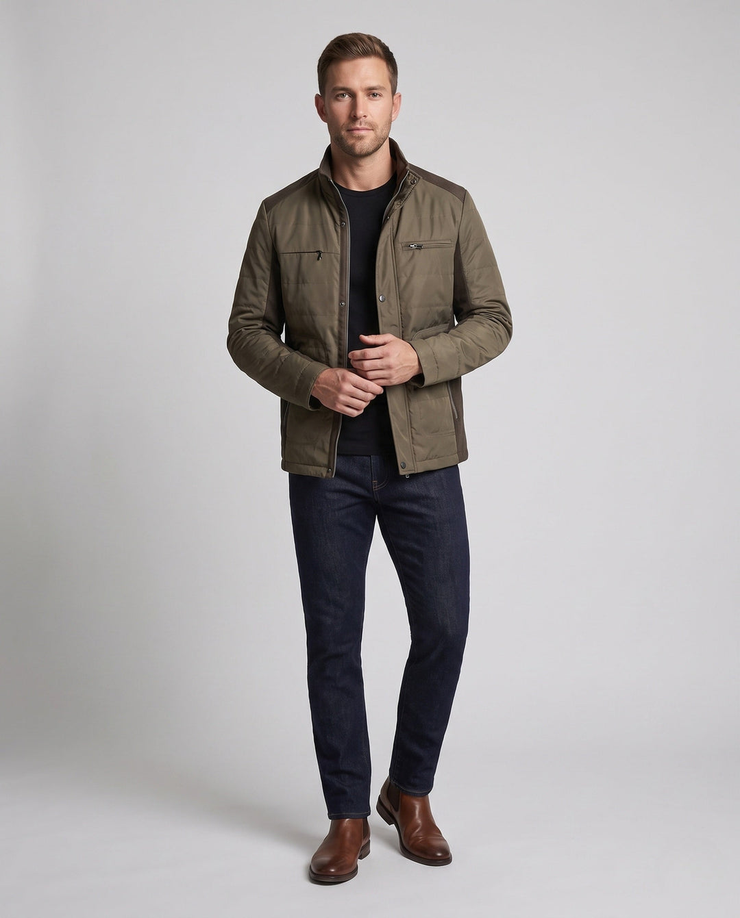 Men's compact quilted jacket in travel look with high collar and contrasting trim