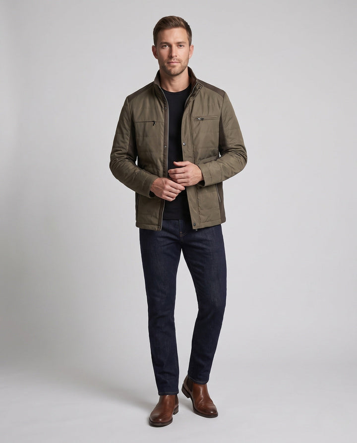 Men's compact quilted jacket in travel look with high collar and contrasting trim