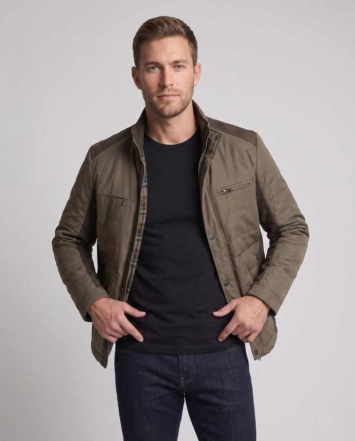 Men's compact quilted jacket in travel look with high collar and contrasting trim