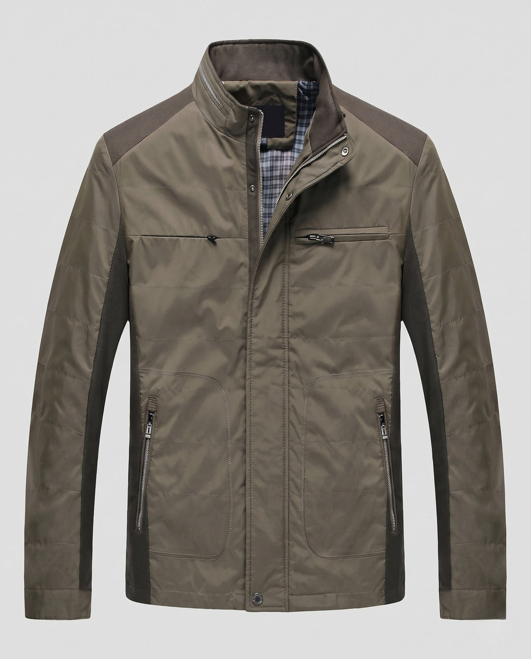 Men's compact quilted jacket in travel look with high collar and contrasting trim