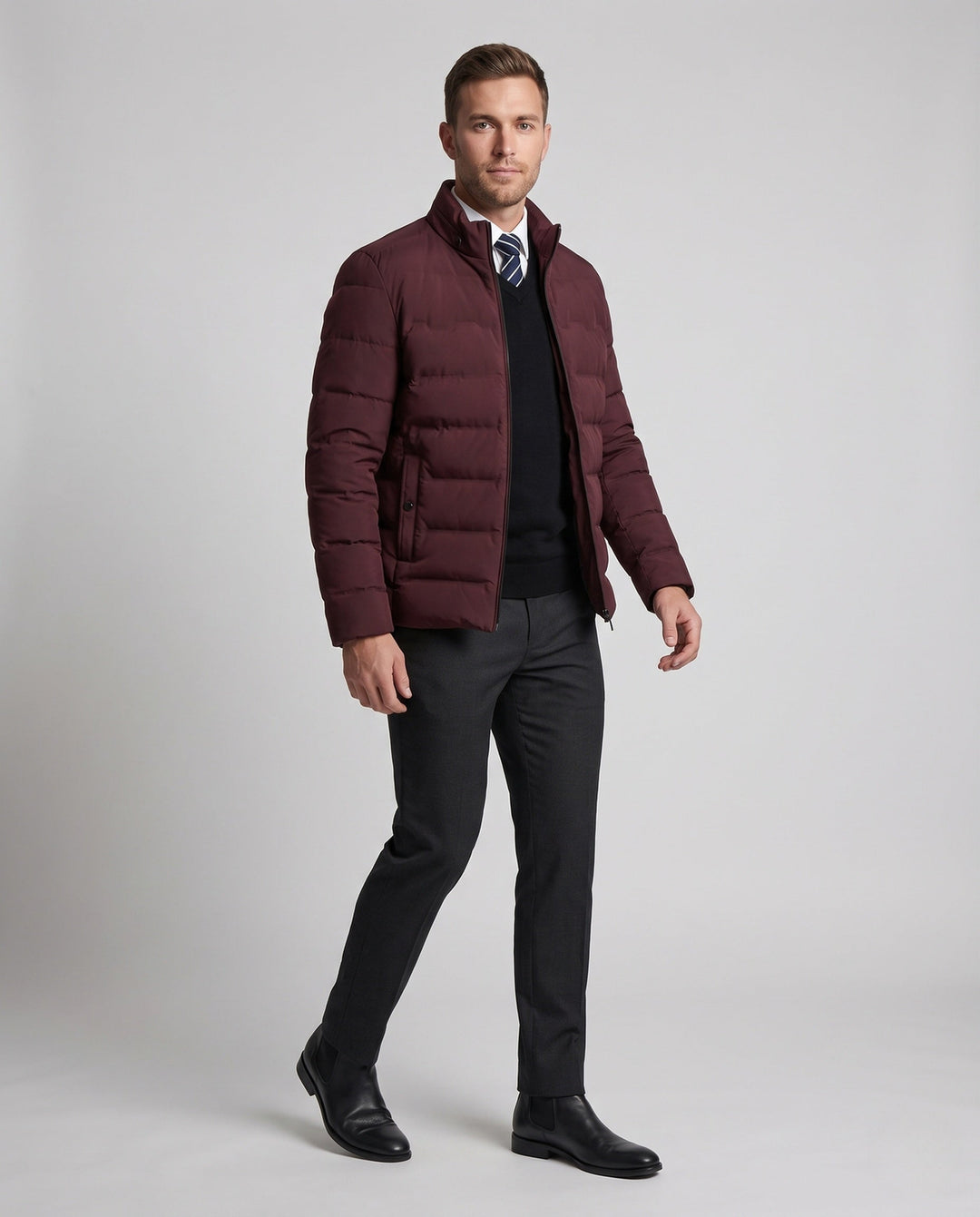 Men's Short Waist Down-Look Quilted Jacket with Stand-Up Collar and Thermal Insulation
