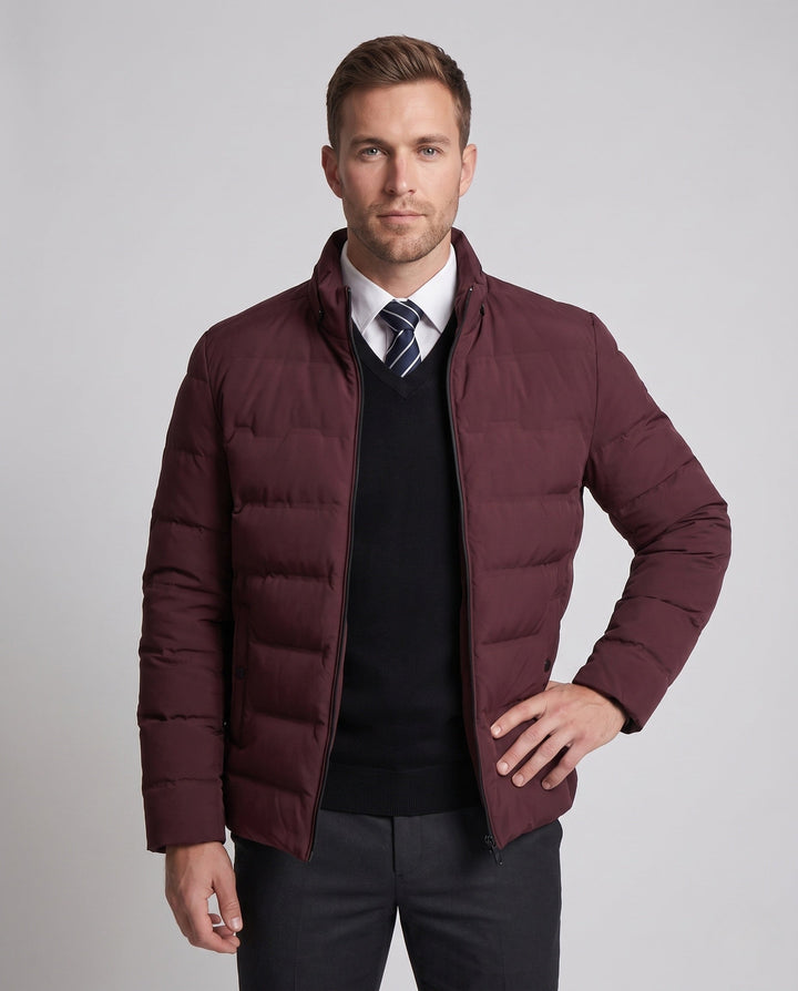 Men's Short Waist Down-Look Quilted Jacket with Stand-Up Collar and Thermal Insulation